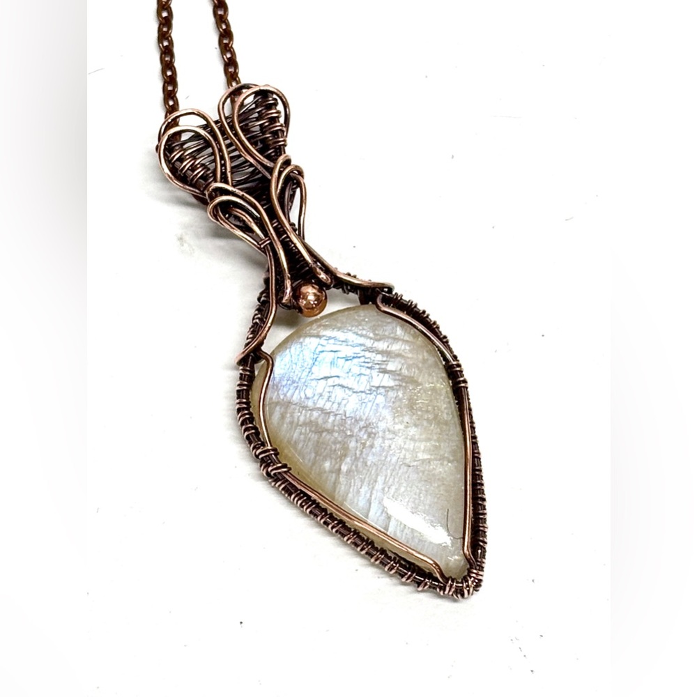 HAND CRAFTED African Moonstone Wire Wrapped Copper Pendant Necklace, Handmade